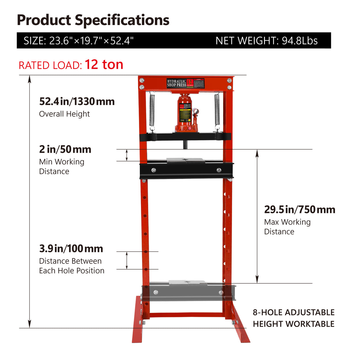 12 Ton Hydraulic Shop Floor Press Steel H-Frame with Plates Adjustable Working Table Stand Jack for Gears and Bearings