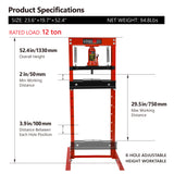 12 Ton Hydraulic Shop Floor Press Steel H-Frame na may mga Plate Adjustable Working Table Stand Jack para sa mga Gear at Bearing