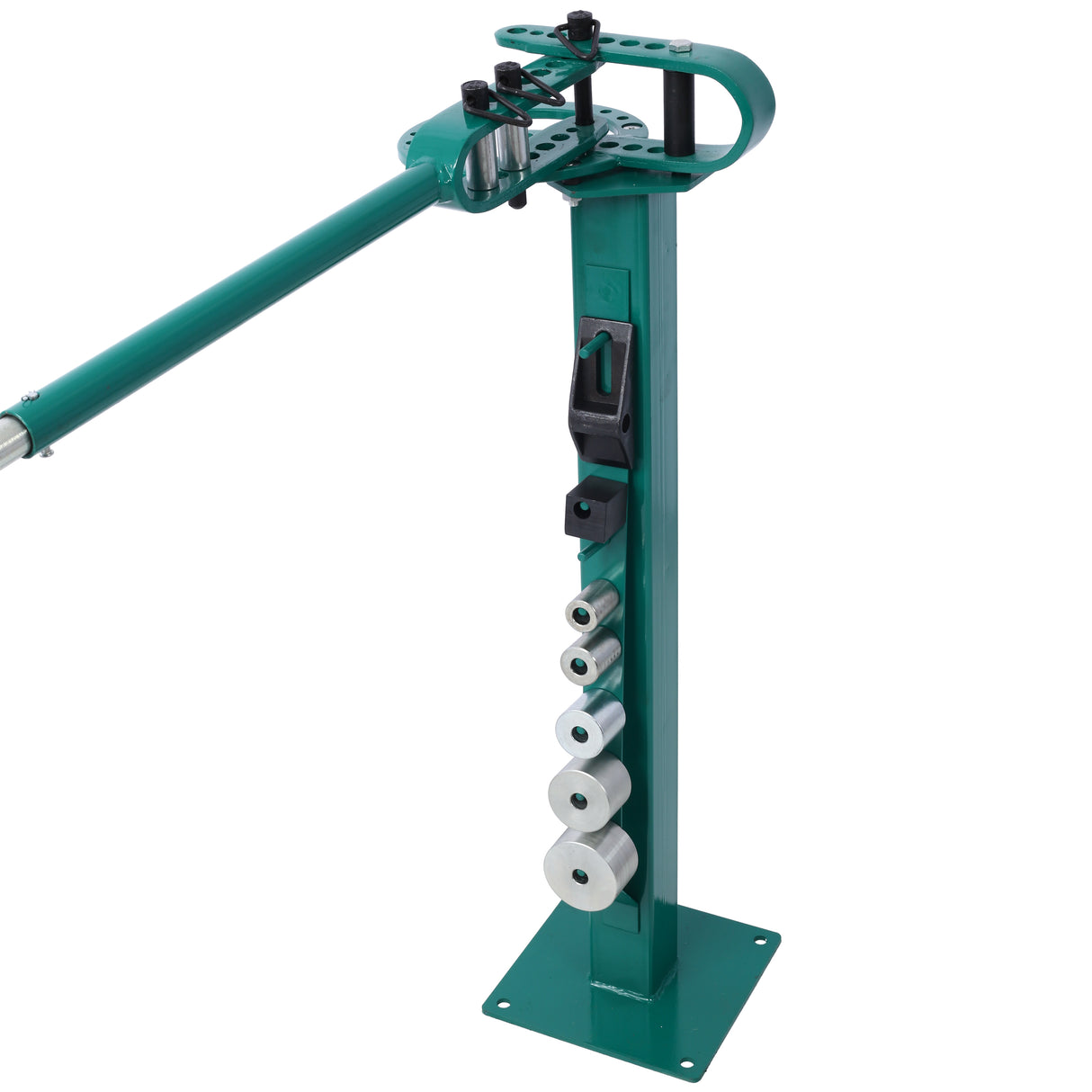 Dobladora compacta para piso de pedestal, 7 troqueles, tubo metálico compacto y versátil, montaje de 44', mango telescópico con recubrimiento en polvo, máximo 5/8" de espesor, 1-15/16" de ancho, verde