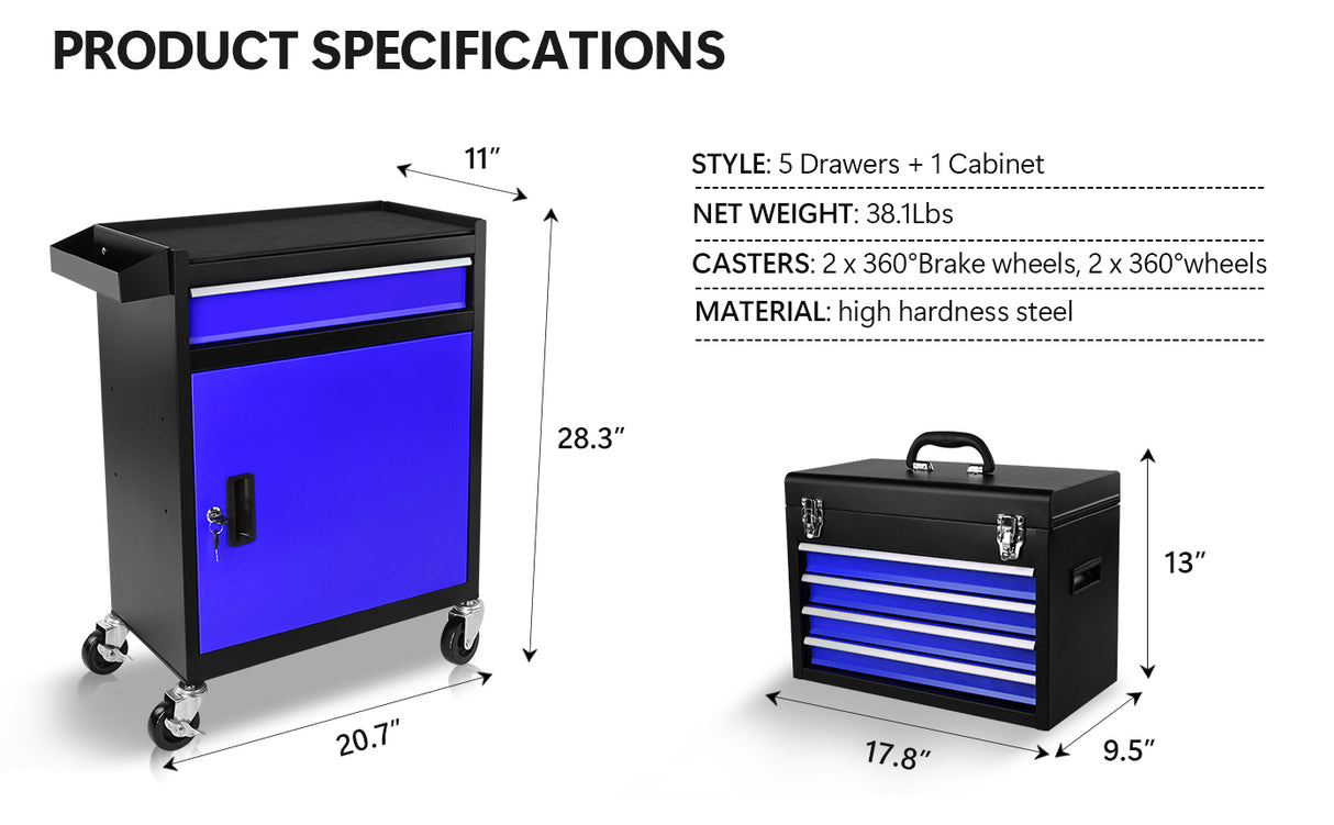 5-Drawer Rolling Tool Chest High Capacity Storage Cabinet W/Lockable Wheels Anti-Slip Liner Detachable Box Organizer