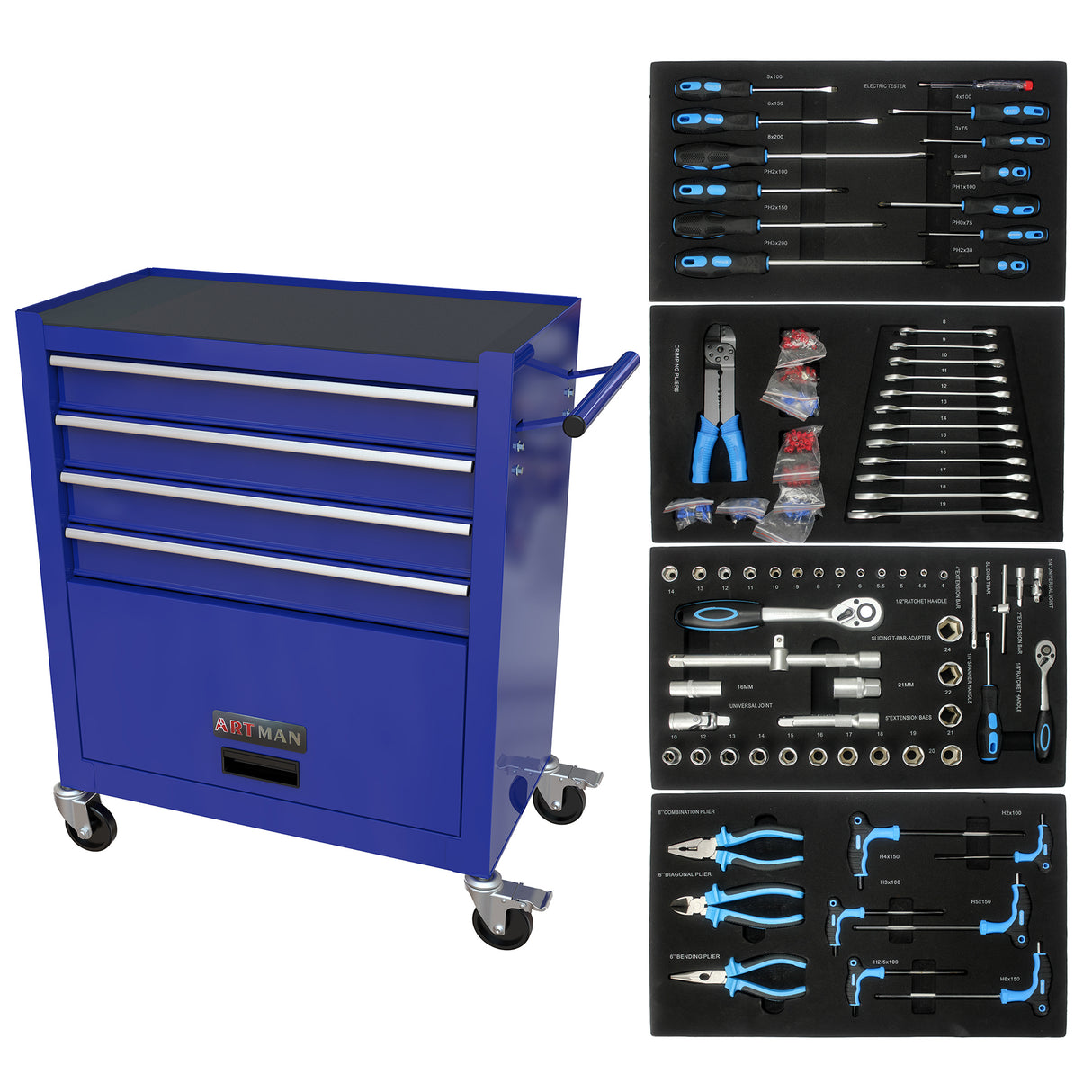 4 Drawers Tool Cabinet with Tool Sets Blue