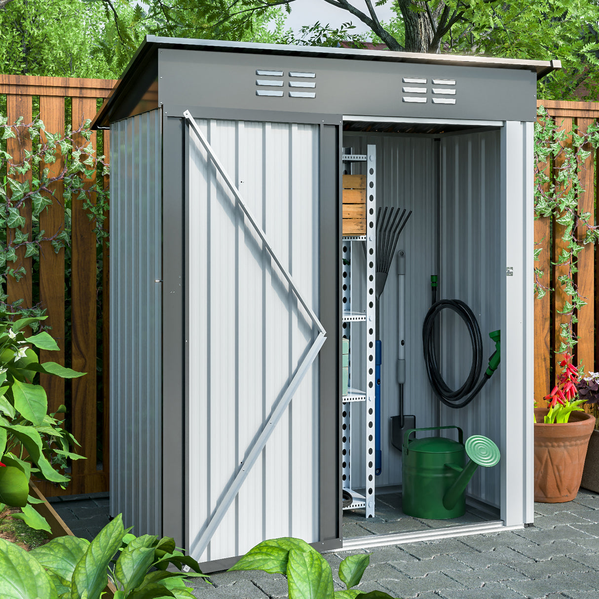 Hangar de rangement extérieur en métal galvanisé, 5X3 pieds, jardin avec portes verrouillables, outil pour Patio, pelouse, poubelles d'arrière-cour, blanc