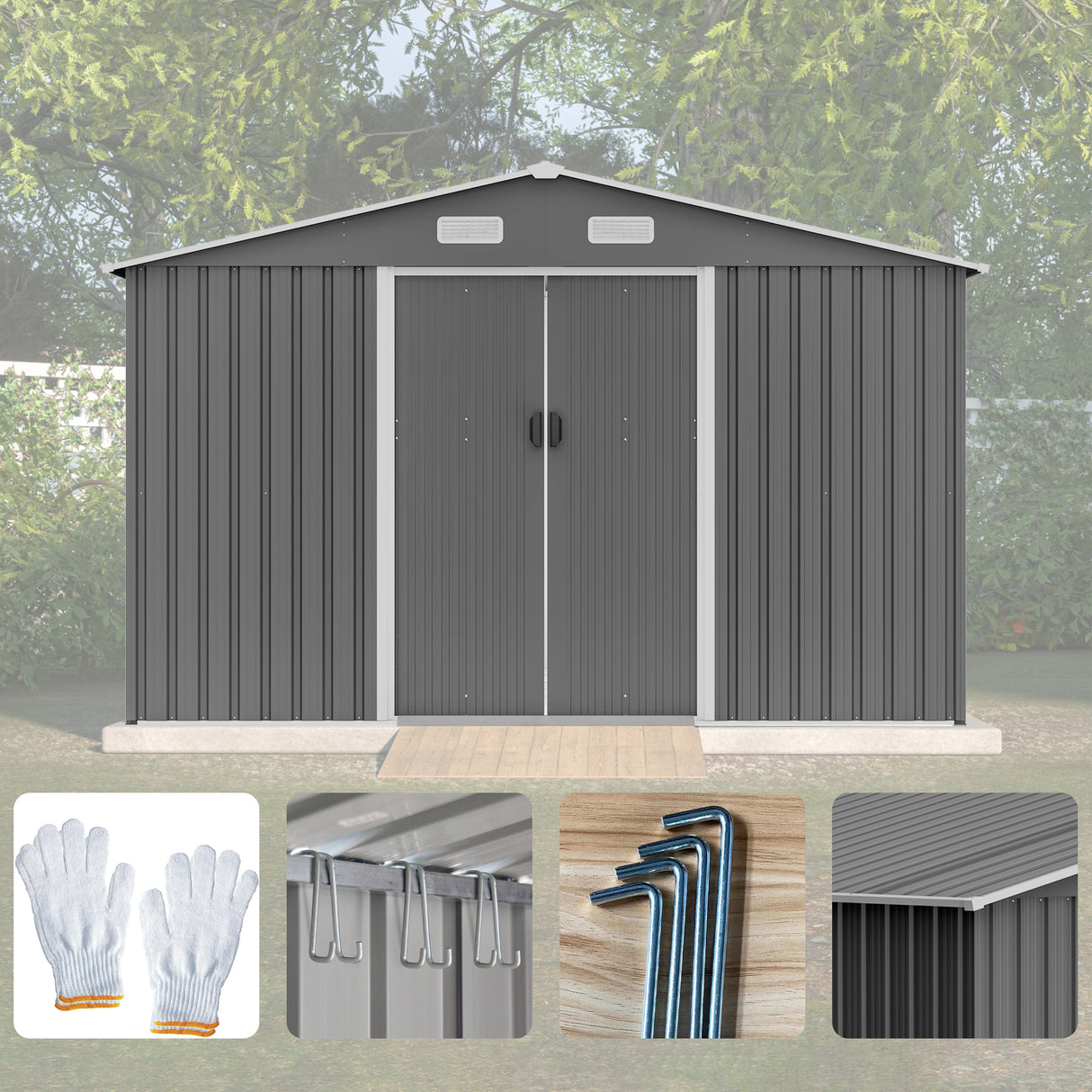 10X8 FT Outdoor Storage Shed Metal Foundation at Lockable Doors Tool para sa Patio ng Hardin sa Backyard Lawn Gray