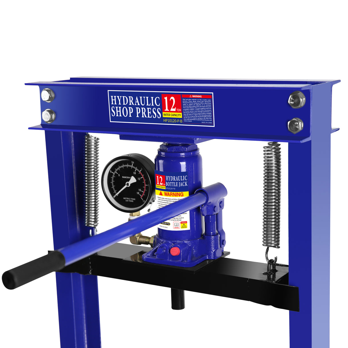 Steel H-Frame Hydraulic Shop Press with Stamping Plates to Bend Straighten or Press Parts with A Pressure Gauge Install Bearings and U-Joints 12 Ton (24,000 lb) Capacity