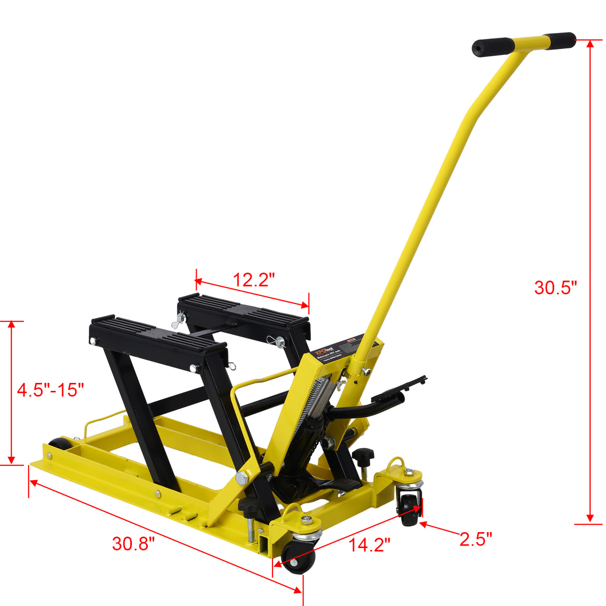 Gato elevador hidráulico para motocicleta, capacidad de 1500 libras, mesa portátil de tijera ATV con 4 ruedas, soporte de elevación accionado por el pie con amarre, color amarillo