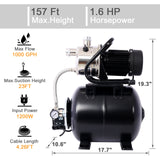 1.6HP Shallow Well Pump with Pressure Tank Garden Water Pump Irrigation Pump Automatic for Home Lawn Farm Stainless Steel Head