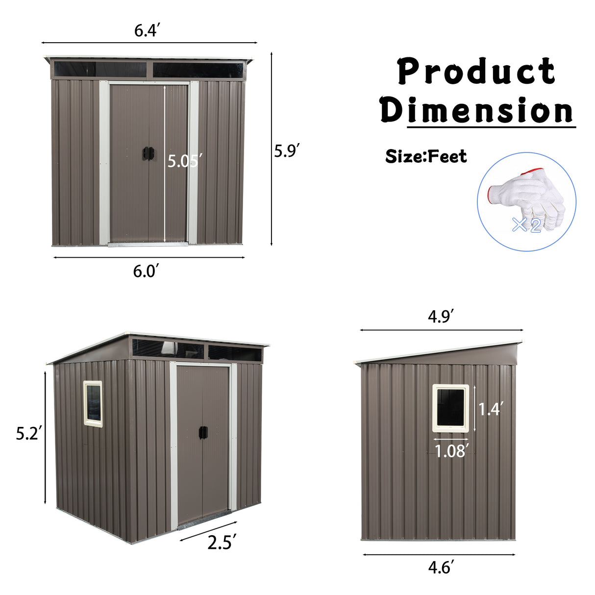 6 Fuß x 5 Fuß Outdoor-Lagerschuppen aus Metall mit Fenster, transparente Platte, grau