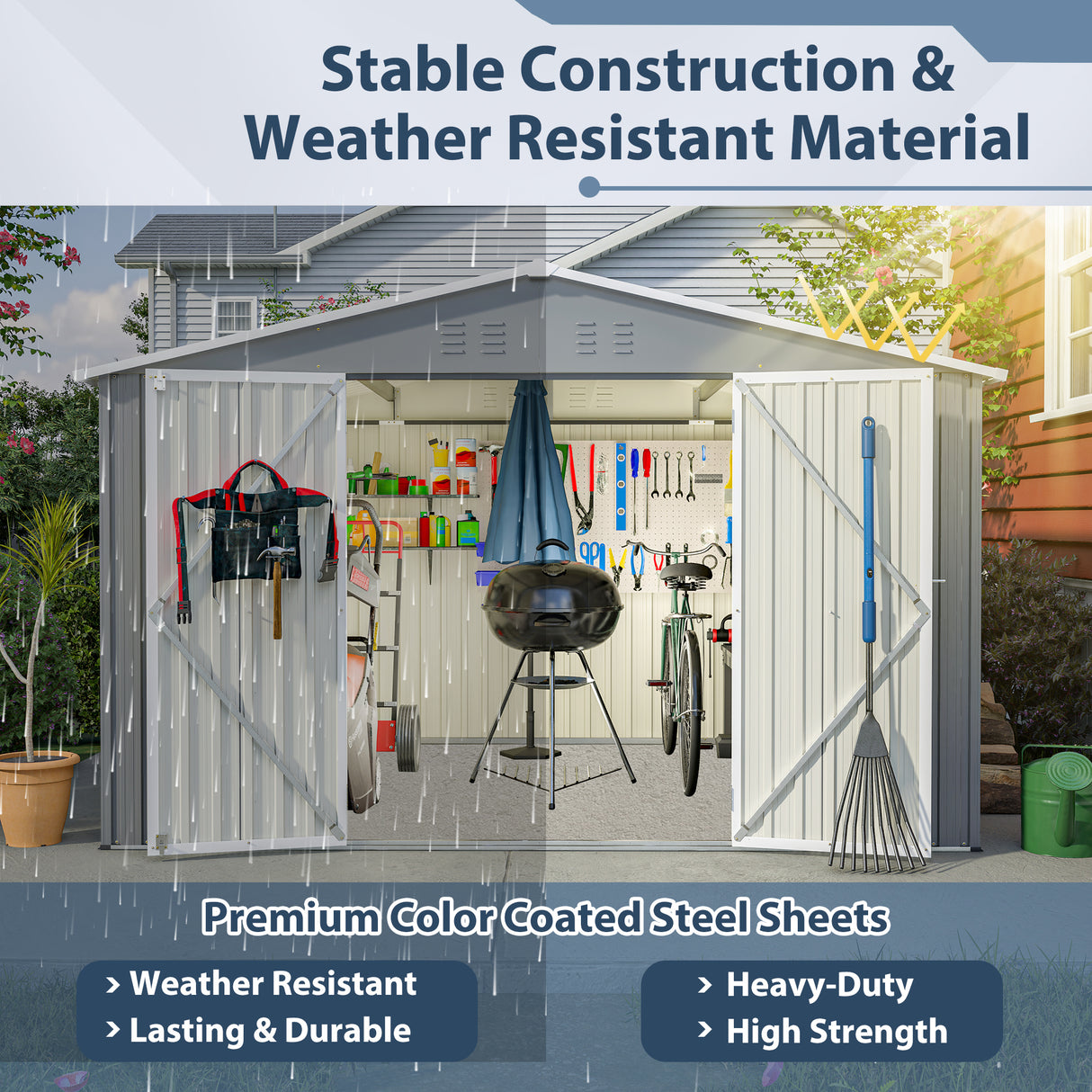 10X8 FT Outdoor Storage Shed Lahat ng Weather Metal na may Lockable Doors Tool para sa Patio ng Hardin sa Backyard Lawn Gray