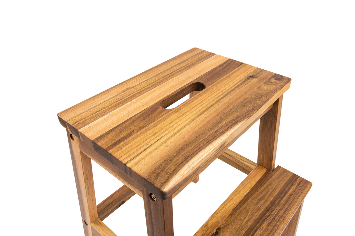 Tabouret à deux marches en bois d'acacia rectangulaire de petite taille, capacité de 250 lb