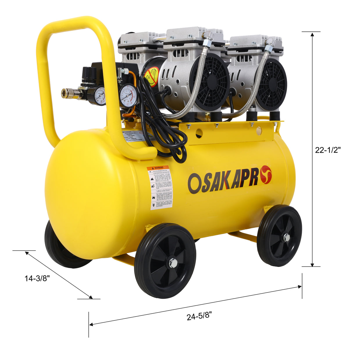 Compresor de aire silencioso de 2.5 HP Taller eléctrico sin aceite de 13 galones Portátil liviano con ruedas Nivel de ruido de 70 DBA con válvula de drenaje automática Amarillo