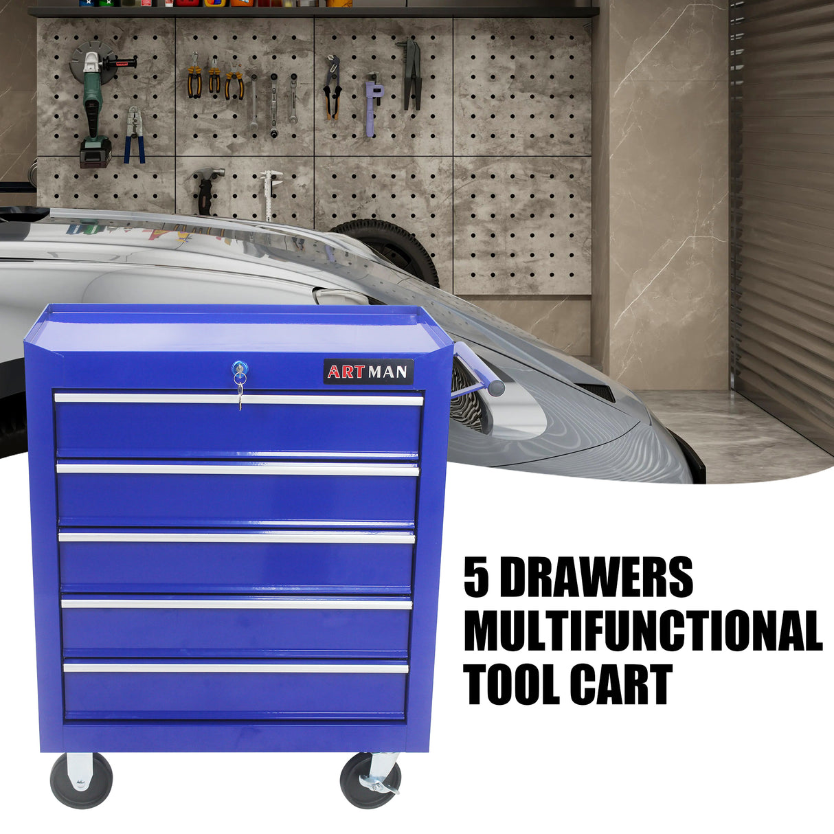 5 Drawers Multifunctional Tool Cart with Wheels Blue