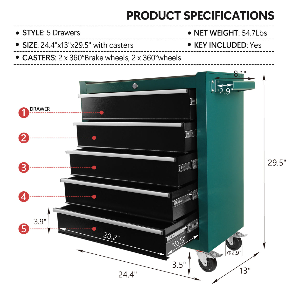 5-Drawers Rolling Tool Chest Cabinet on Wheels with Keyed Locking System and Drawer Liners with Link Buckle Combined to Large Cabinet Set for Warehouse Garage