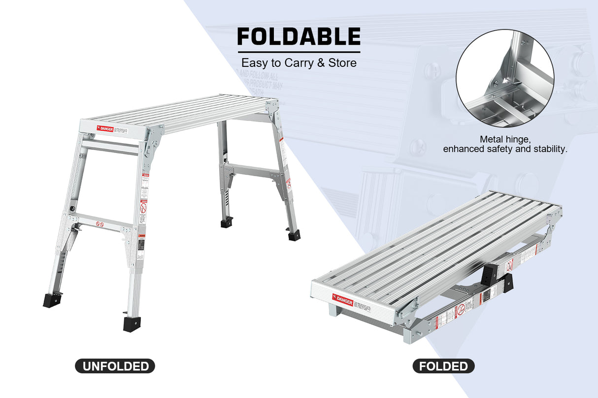 Plataforma de trabajo de aluminio Taburete de gran tamaño Banco portátil plegable 40 "de ancho Pies telescópicos 22" -27.5 "Altura ajustable - Gris