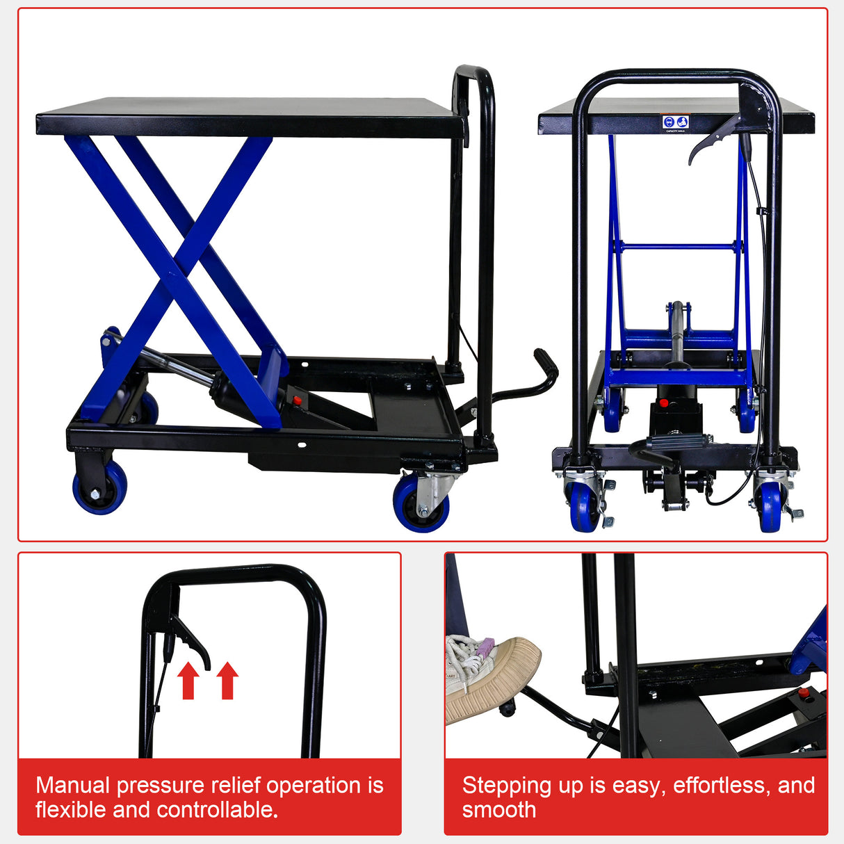 Hydraulic Lift Trolley 500 LBS Capacity with 4 Wheels for Material Handling and Transportation--Black+Blue