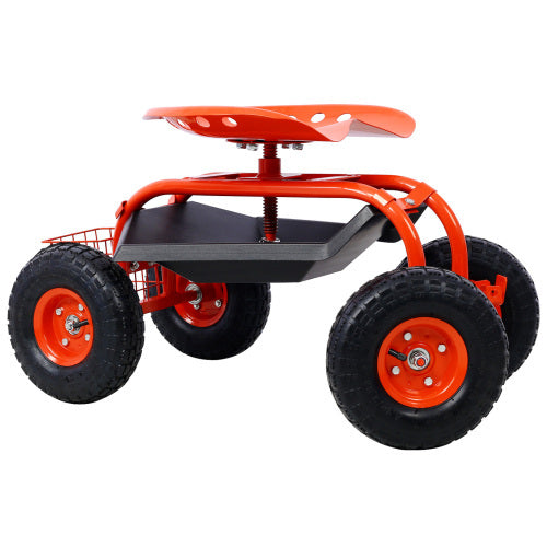 Garden Cart Rolling Scooter Adjustable Height Heavy Duty na may 4 Wheels at Extendable Handle Stool na may 360-Degree na Upuan at Tool Tray Red