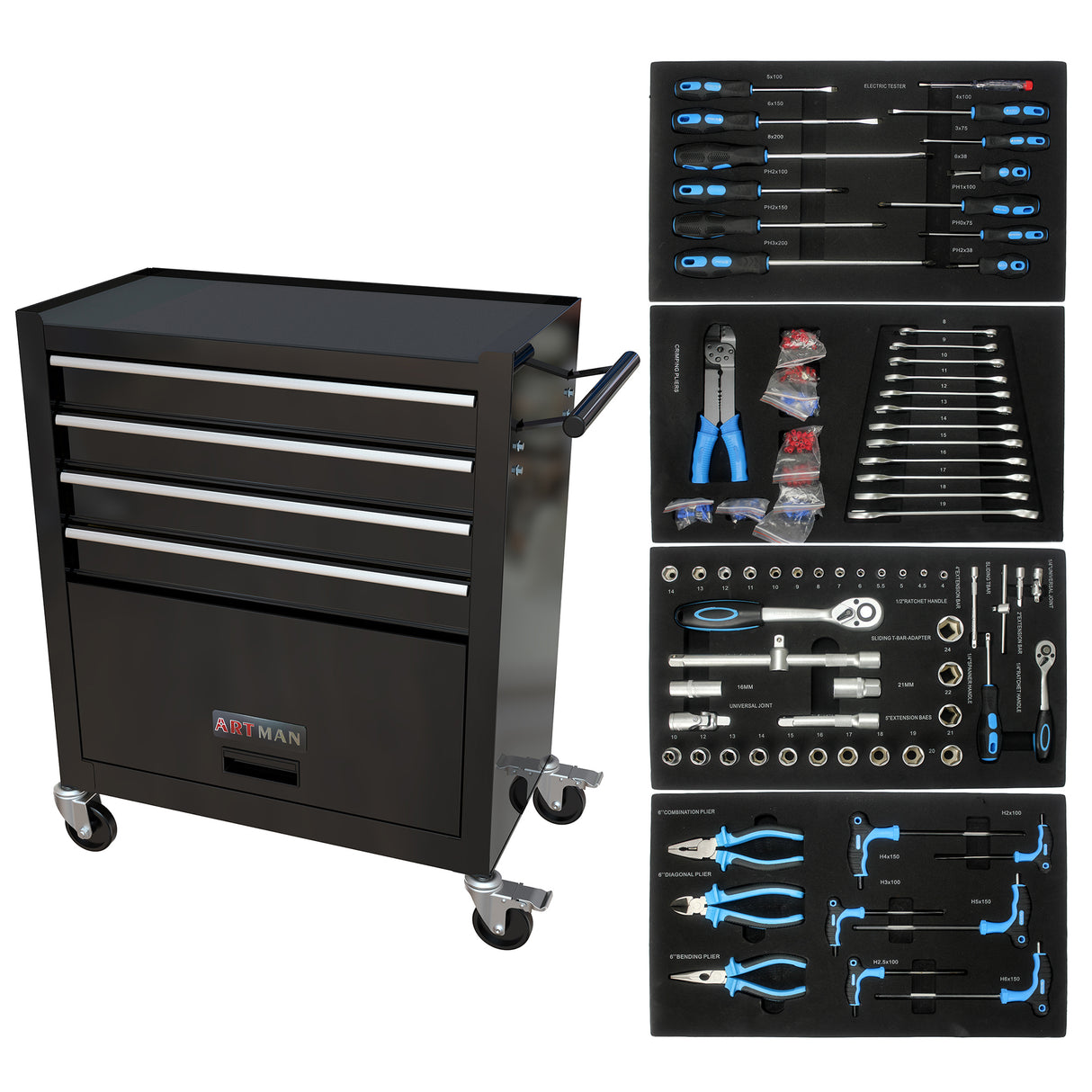 4 Drawers Tool Cabinet with Tool Sets Black