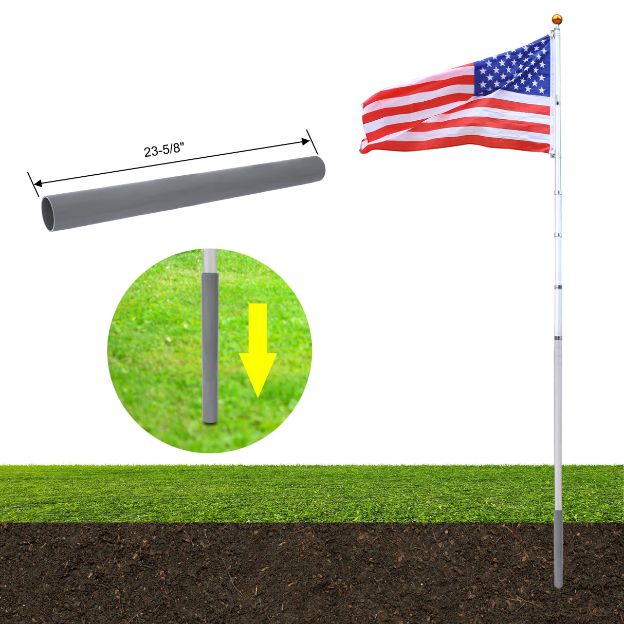 25FT Telescopic Sectional Flag Pole Kit Extra Thick Heavy Duty Aluminum Flagpole Outdoor Inground na may Topper Balls para sa Yard Residential o Commercial