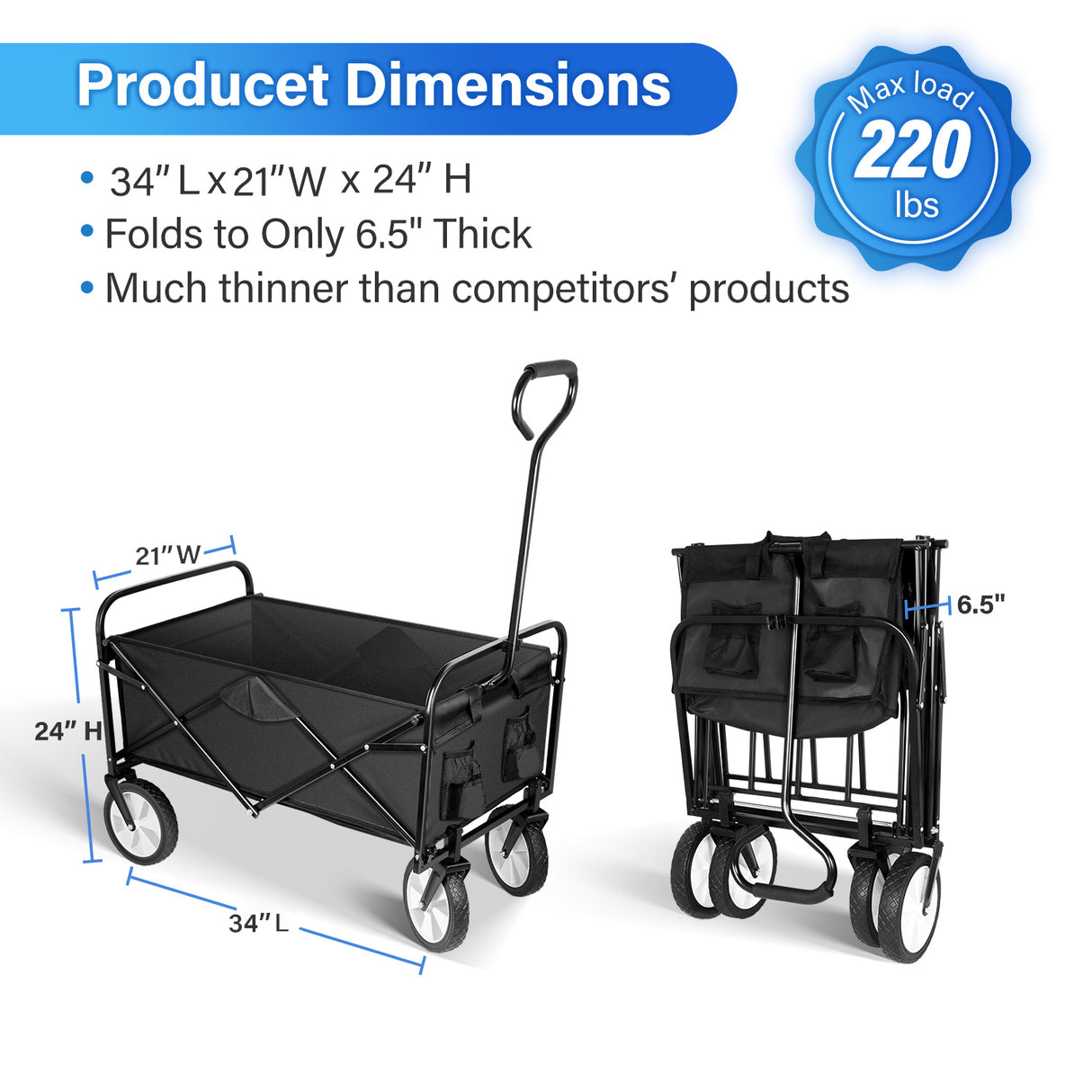 Heavy Duty Folding Portable Hand Cart na may Removable Canopy 8'' Wheels Adjustable Handles at Double Fabric para sa Shopping Picnic Beach Camping 220 lbs Capacity