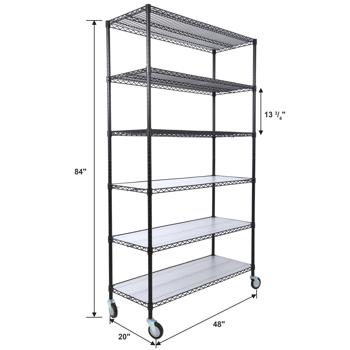 6-laags 6000lbs capaciteit NSF metalen plank draadrek Zwaar uitgevoerd verstelbaar opbergrek met wielen en plankvoeringen voor commerciële kwaliteit Stalen opbergrek Zwart 84 "H x 48" L x 20 "D