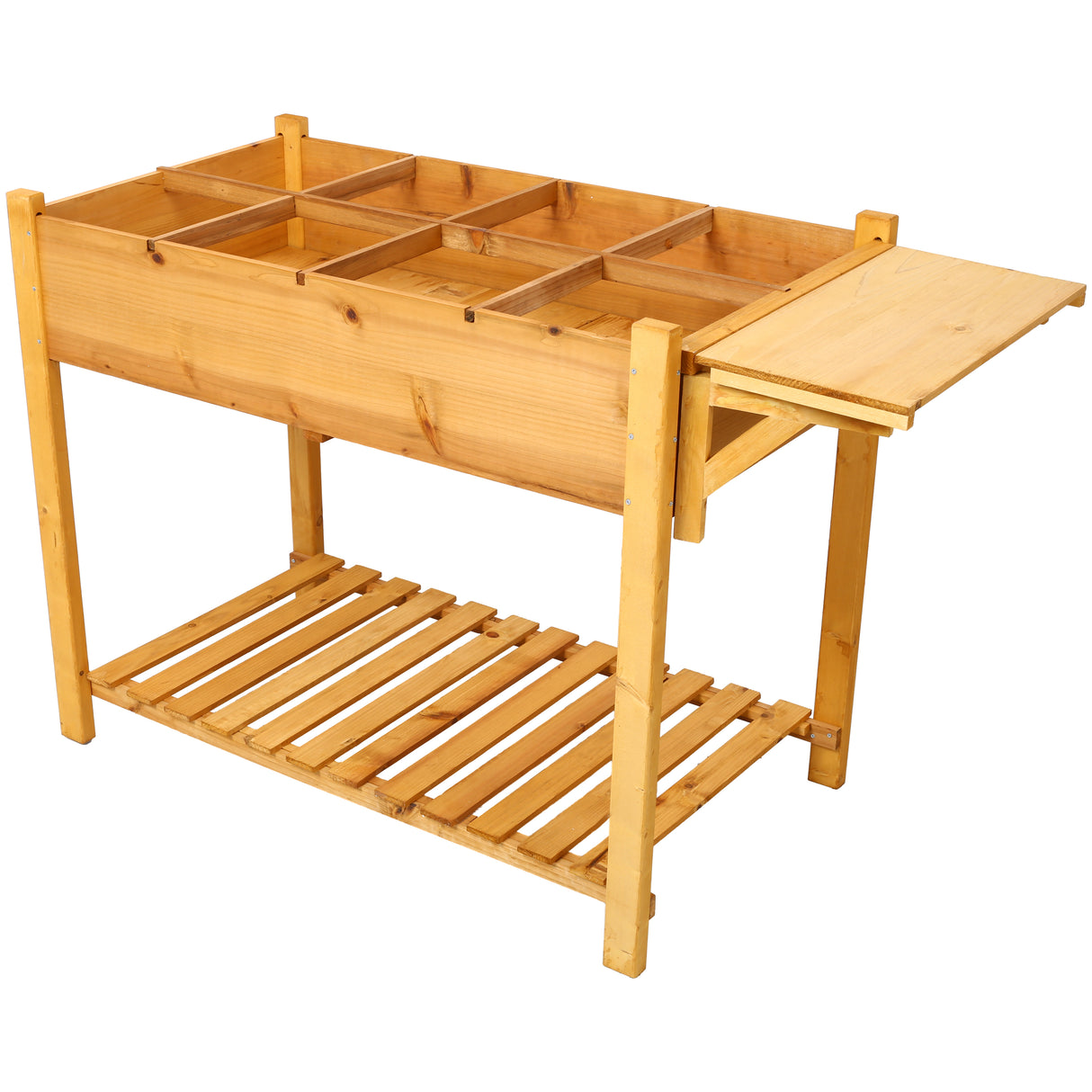 Cama de jardín elevada para horticultura, 8 bolsillos, soporte elevado para macetero de madera con mesa auxiliar plegable y estante de almacenamiento para hierbas/verduras/flores, color marrón