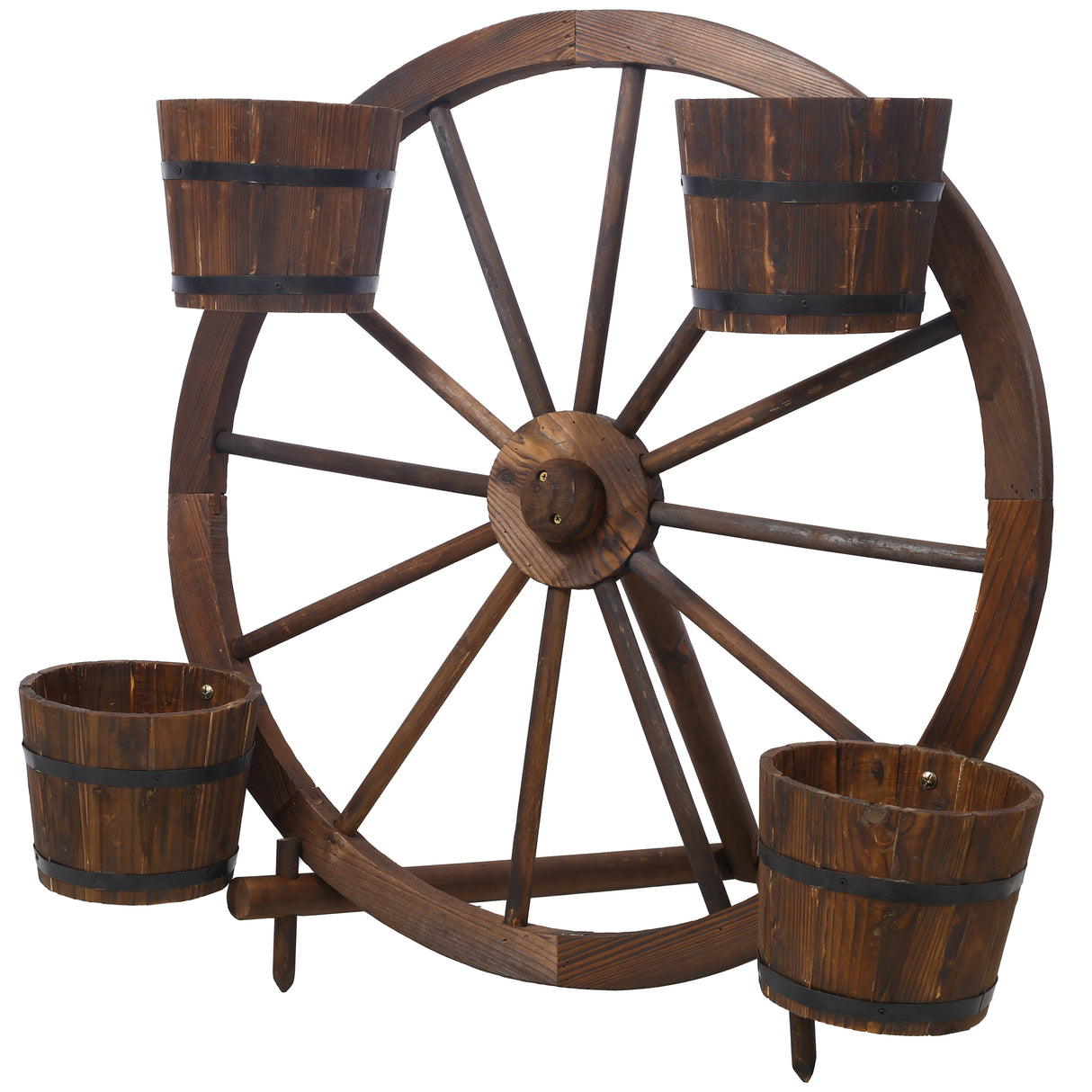 Wood Wagon Wheel Barrel Planter Display--Brown