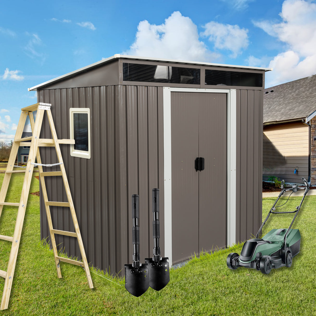 6ft x 5ft Outdoor Metal Storage Shed with Window Transparent Plate Gray