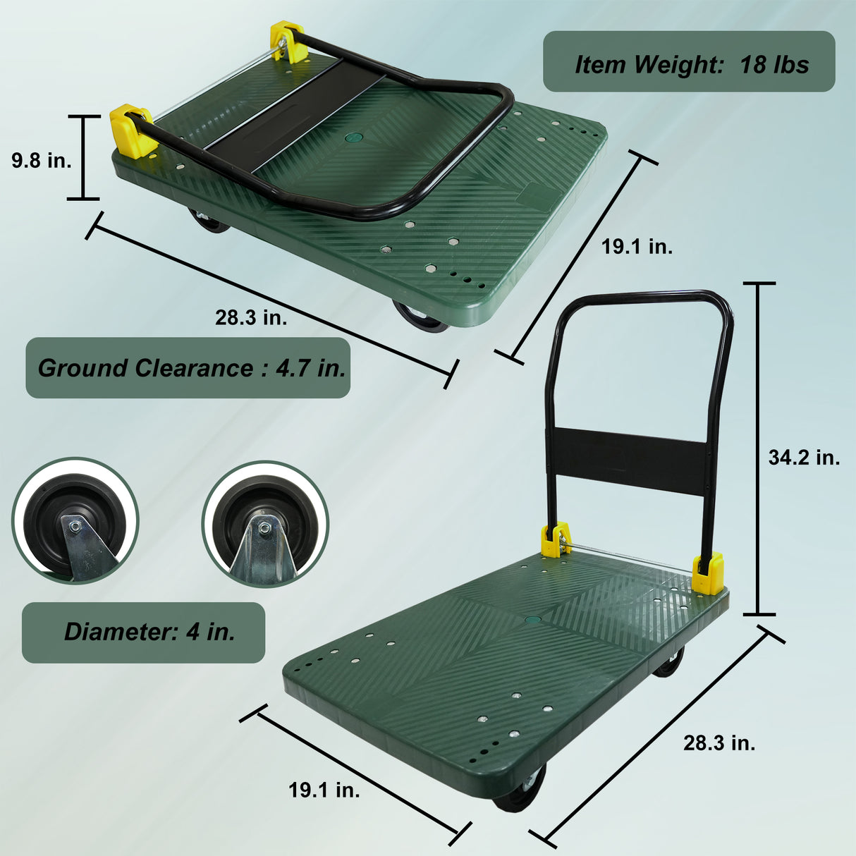 Opvouwbare platform-duwsteekwagenwagen 440 lbs. Gewichtscapaciteit - Groen