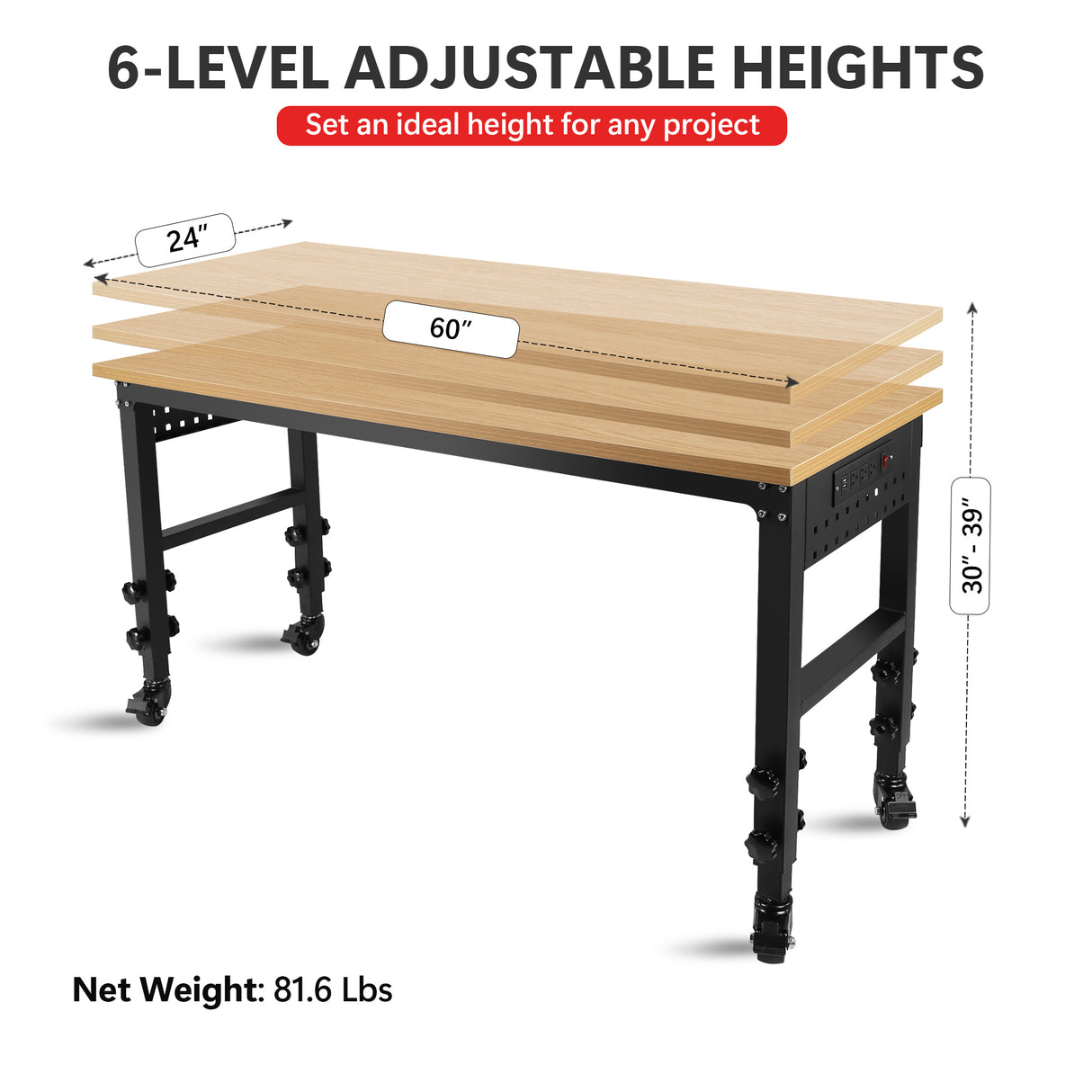 Établi réglable de 60 po × 24 po, table de travail robuste et roulante avec prise de courant et roues, plateau en bois d'hévéa de grande capacité de charge pour garage, bureau, atelier, maison, assemblage facile