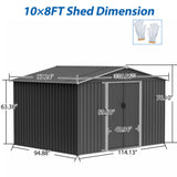 10X8 FT Outdoor Storage Shed Metal Foundation & Lockable Doors Tool for Garden Patio Backyard Lawn Grey