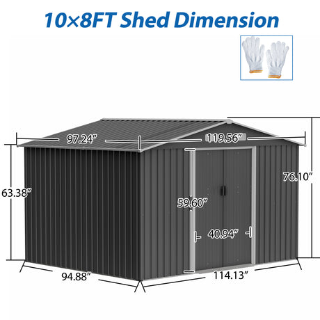 10X8 FT Outdoor Storage Shed Metal Foundation at Lockable Doors Tool para sa Patio ng Hardin sa Backyard Lawn Gray