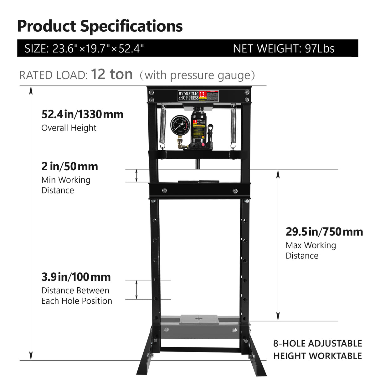 Steel H-Frame Hydraulic Garage/Shop Floor Press with Stamping Plates A Pressure Gauge 12 Ton (24,000 lb) Capacity Black