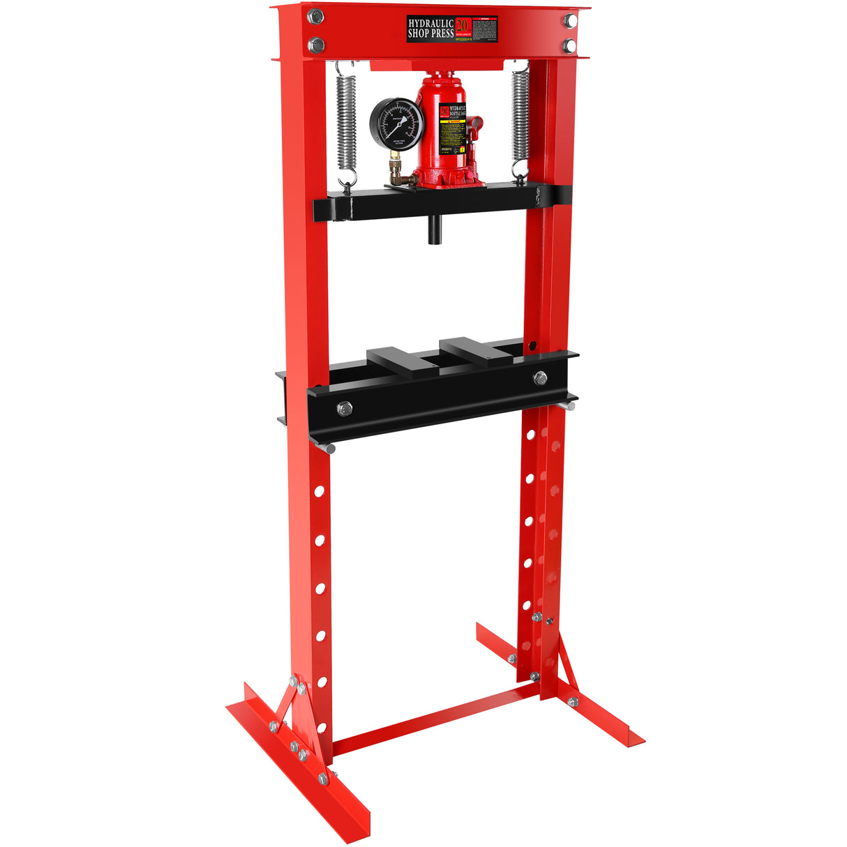 20 Ton Hydraulic Shop Floor Press Steel H-Frame with Plates Adjustable Working Table Stand Jack for Gears and Bearings Red