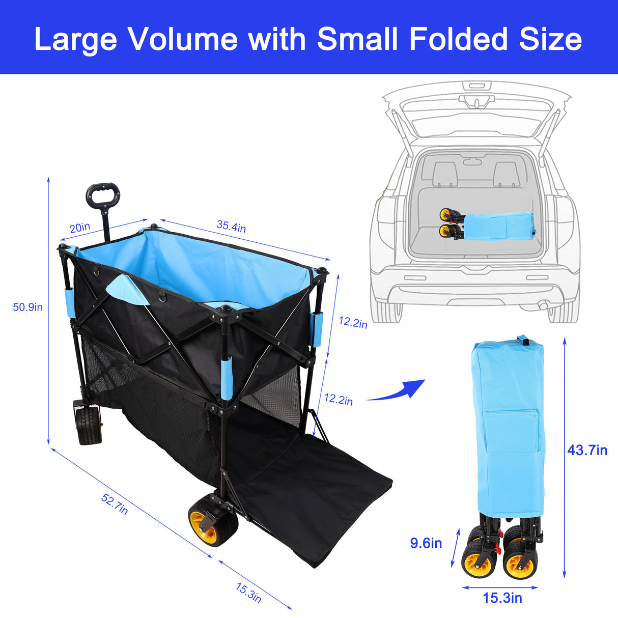 Big Large Capacity Folding Cart Extra Long Extender Wagon Folding Garden Shopping Beach Cart Black Blue