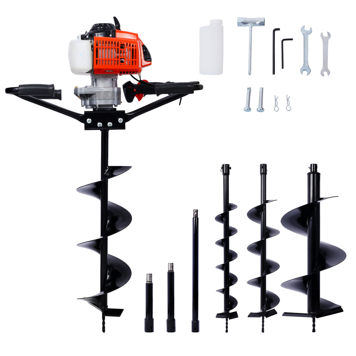 2,7 HK stolpehullgraver 63cc to-personshåndtak gassdrevet 2-takts boreboreaksel størrelse 3/4" (kun maskin) EPA-KLAGE MED L4"+L6"+L8"+L12" DRILLBITS+EXT STANG SETT