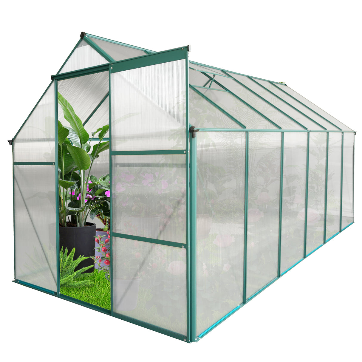 Serre en polycarbonate de 6x12 pieds, base surélevée et ancrage en aluminium robuste, pour cour extérieure, vert toutes saisons