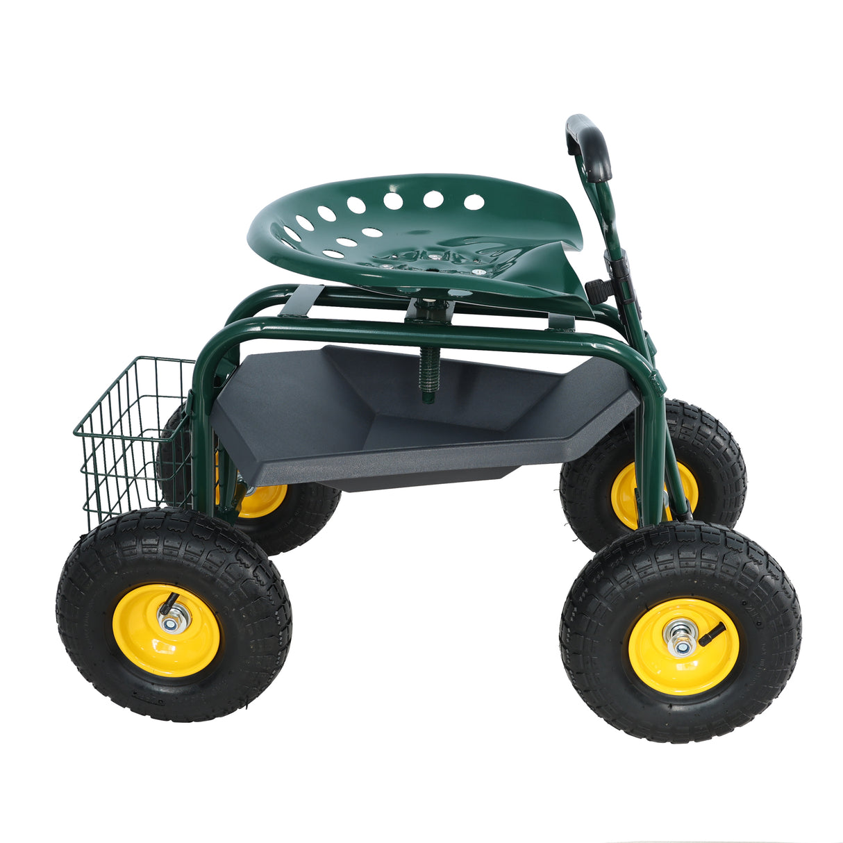 Garden Trolley Rolling Work Chair with Wheels Stool for Planting 360 Degree Swivel Seat Station Wagon Scooter with Steering Handle and Utility Tray for Yard and Outdoors Green