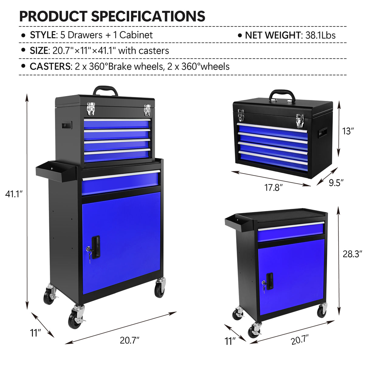 5-Drawer Rolling Tool Chest High Capacity Storage Cabinet W/Lockable Wheels Anti-Slip Liner Detachable Box Organizer