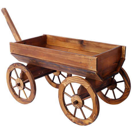 Wood Wagon Flower Planter Pot Stand W / Wheels--Ruskea