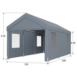 12' x 20' Carport Portable Garage Heavy Duty Canopy with 2 Roll-up Doors & 4 Ventilated Windows for Car Truck Boat Garden Tools--Grey