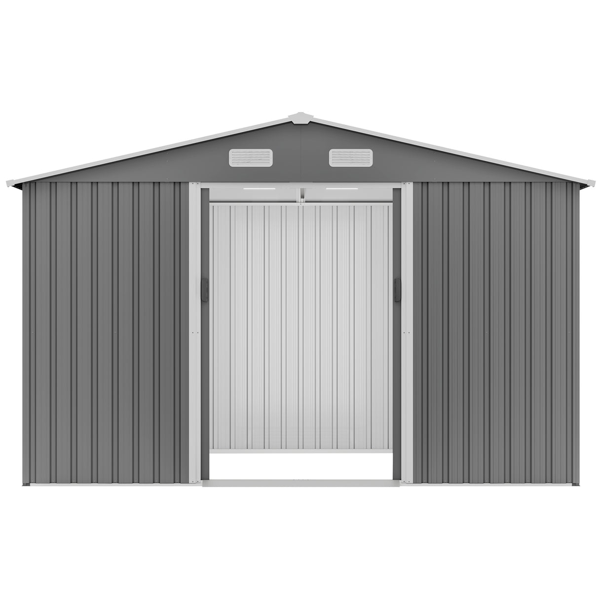 Cobertizo de almacenamiento para exteriores de 10 x 8 pies, base de metal y puertas con cerradura, herramienta para jardín, patio, patio, césped, color gris