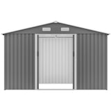 Cobertizo de almacenamiento para exteriores de 10 x 8 pies, base de metal y puertas con cerradura, herramienta para jardín, patio, patio, césped, color gris