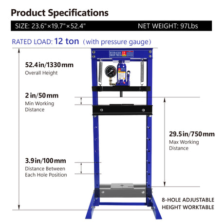 Steel H-Frame Hydraulic Shop Press with Stamping Plates to Bend Straighten or Press Parts with A Pressure Gauge Install Bearings and U-Joints 12 Ton (24,000 lb) Capacity