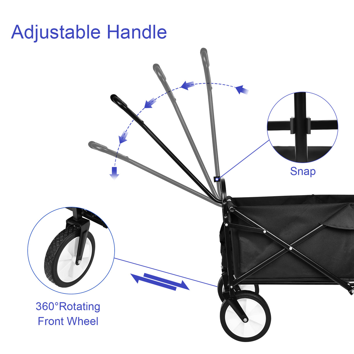 Chariot à main portable pliable robuste avec auvent amovible, roues de 8 pouces, poignées réglables et double tissu pour le shopping, pique-nique, plage, camping, noir