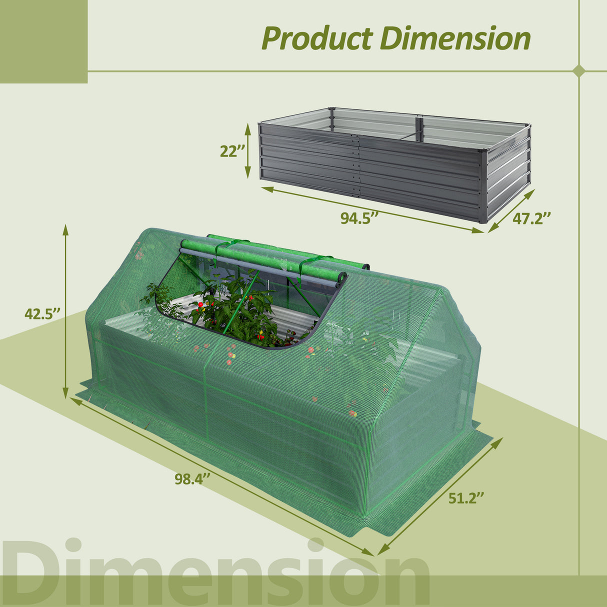 8x4x2ft Galvanized Raised Garden Bed with Cover Metal Planter Box Kit w/ 2 Large Screen Windows Mini Greenhouse Outdoor Growing Vegetables