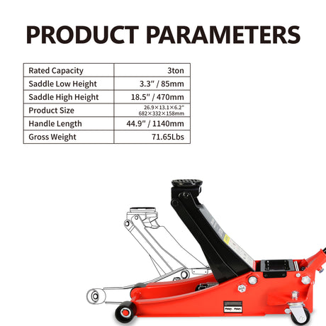 Hydraulic Low Profile and Steel Racing Floor Jack with Dual Piston Quick Lift Pump 3 Ton (6600 lb) Capacity Lifting range 3.3"-18.5"