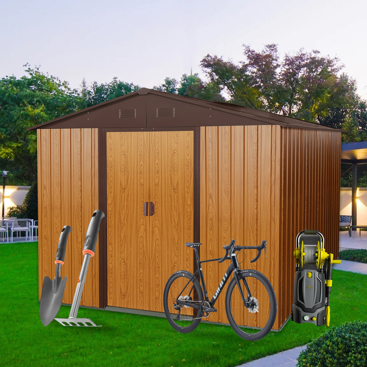 8ft x 10ft Outdoor Storage Shed with Metal Floor Base Coffee