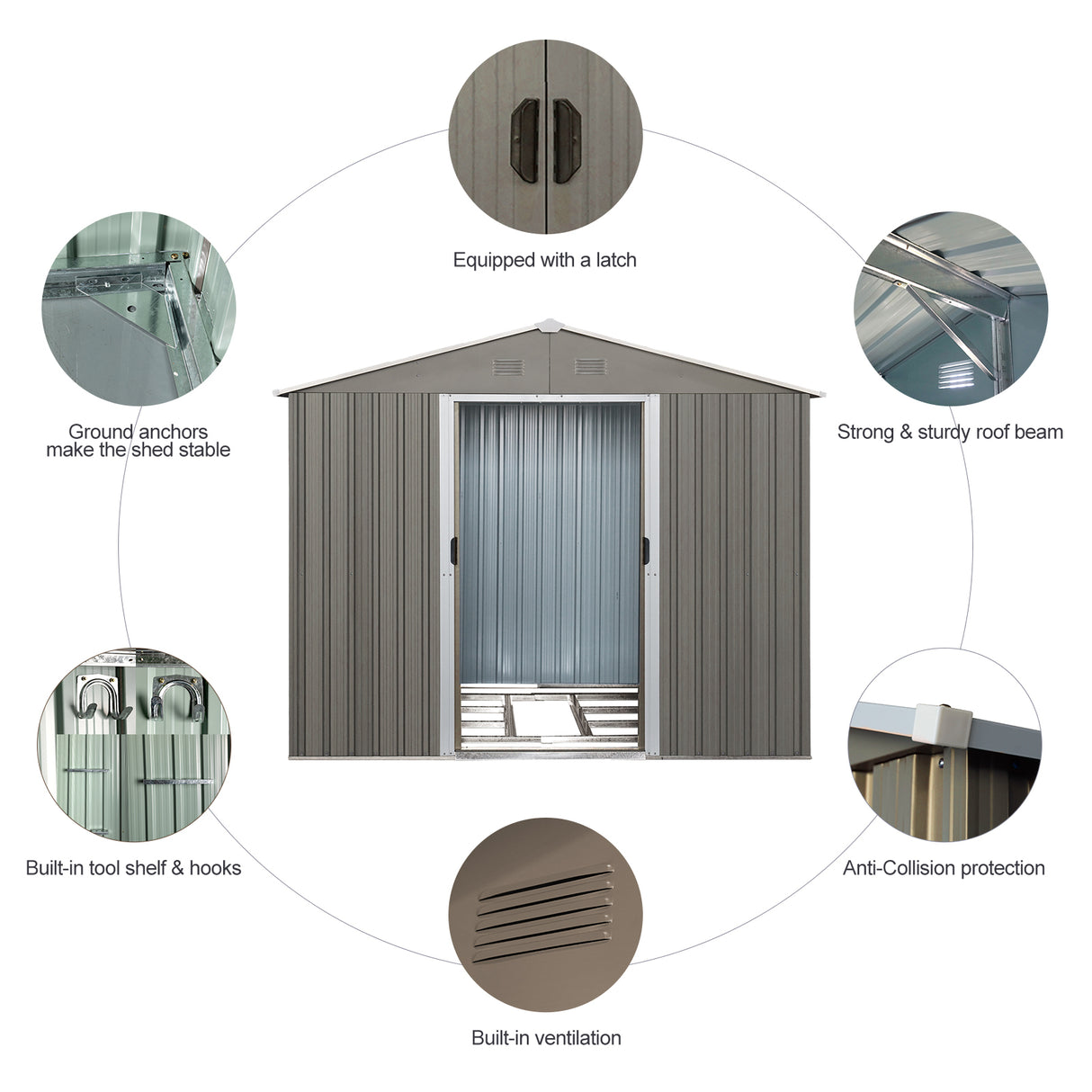 8x10ft Outdoor Metal Storage Shed Grey