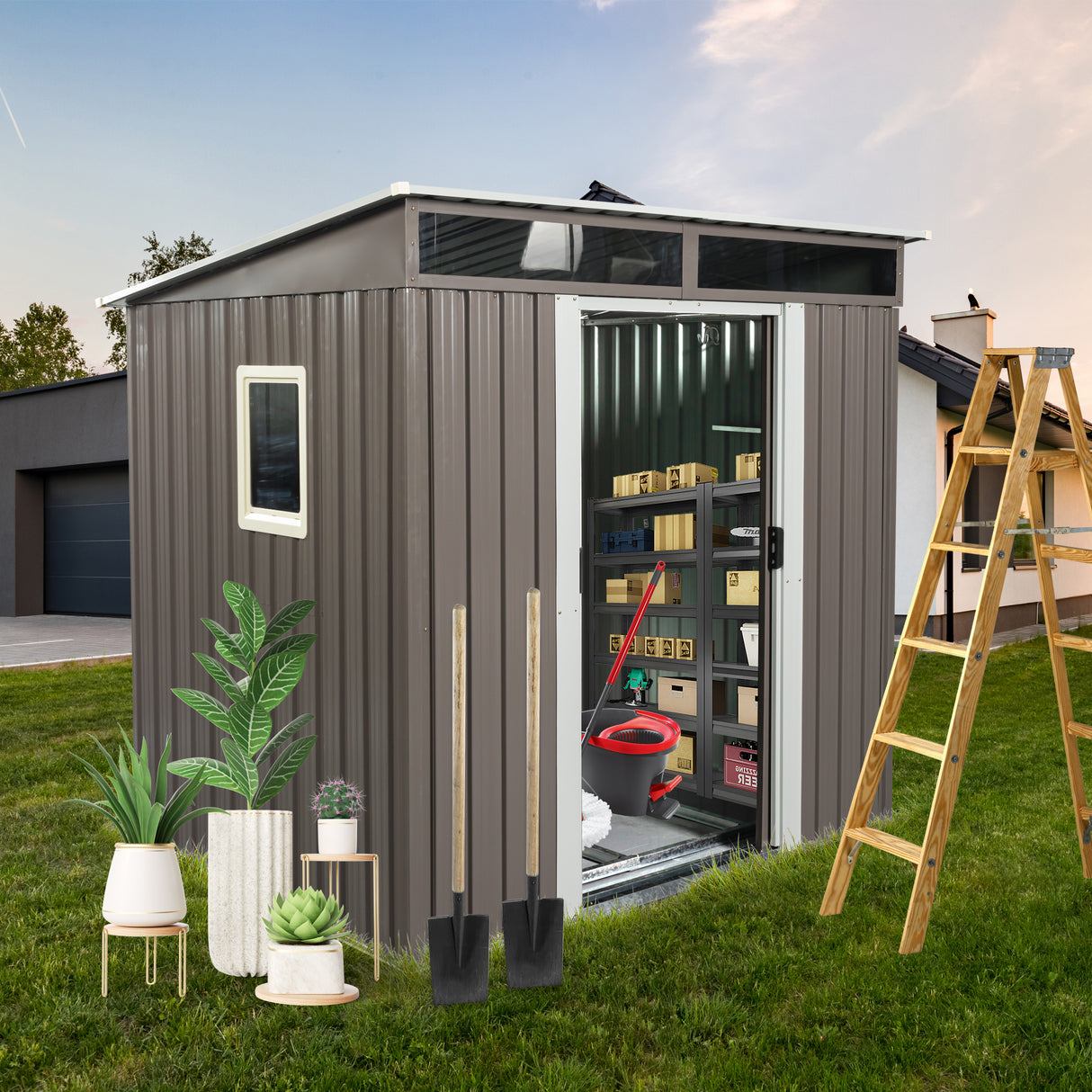 6ft x 5ft Outdoor Metal Storage Shed with Window Transparent Plate Gray