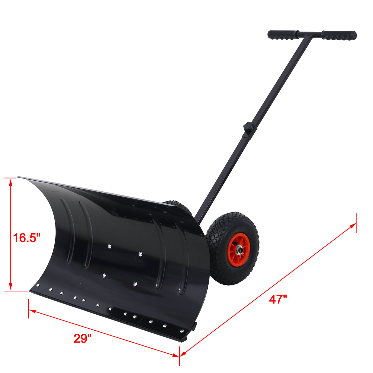 Empujador de pala de nieve con ruedas Herramienta de extracción con mango de ángulo ajustable acolchado Hoja de 29" Ruedas de 10" Negro