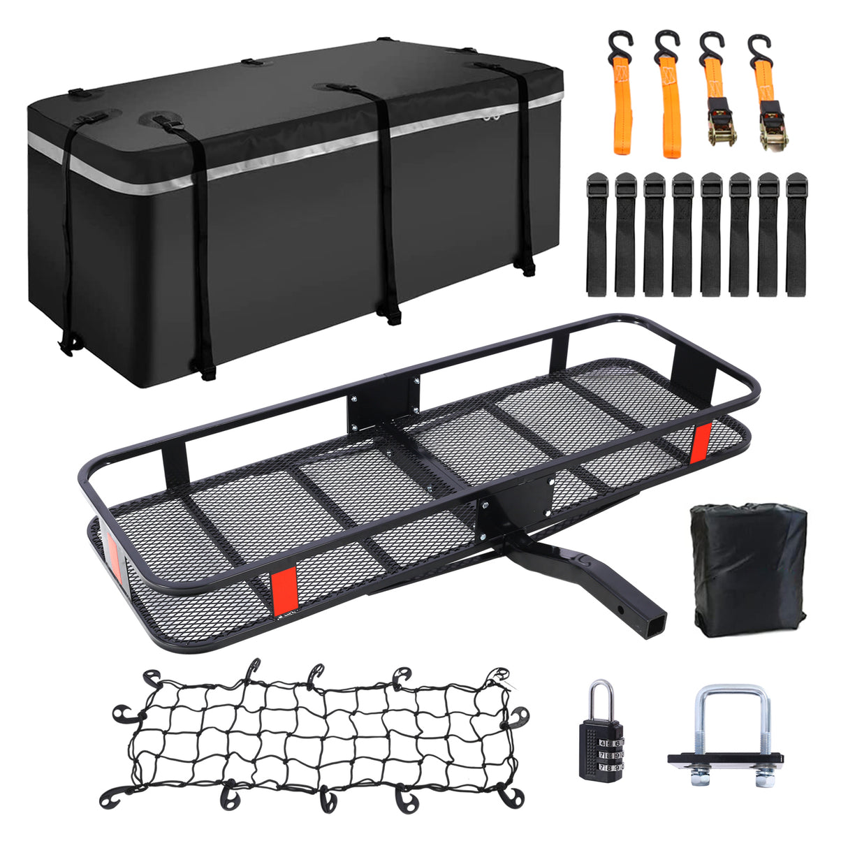 Panier de transport de marchandises sur attelage 60" X 21" X 6" + sac de transport étanche 16 pieds cubes (56" 20" 20") Capacité de transport de 500 lb et un bras pliable avec filet stabilisateur d'attelage et sangles